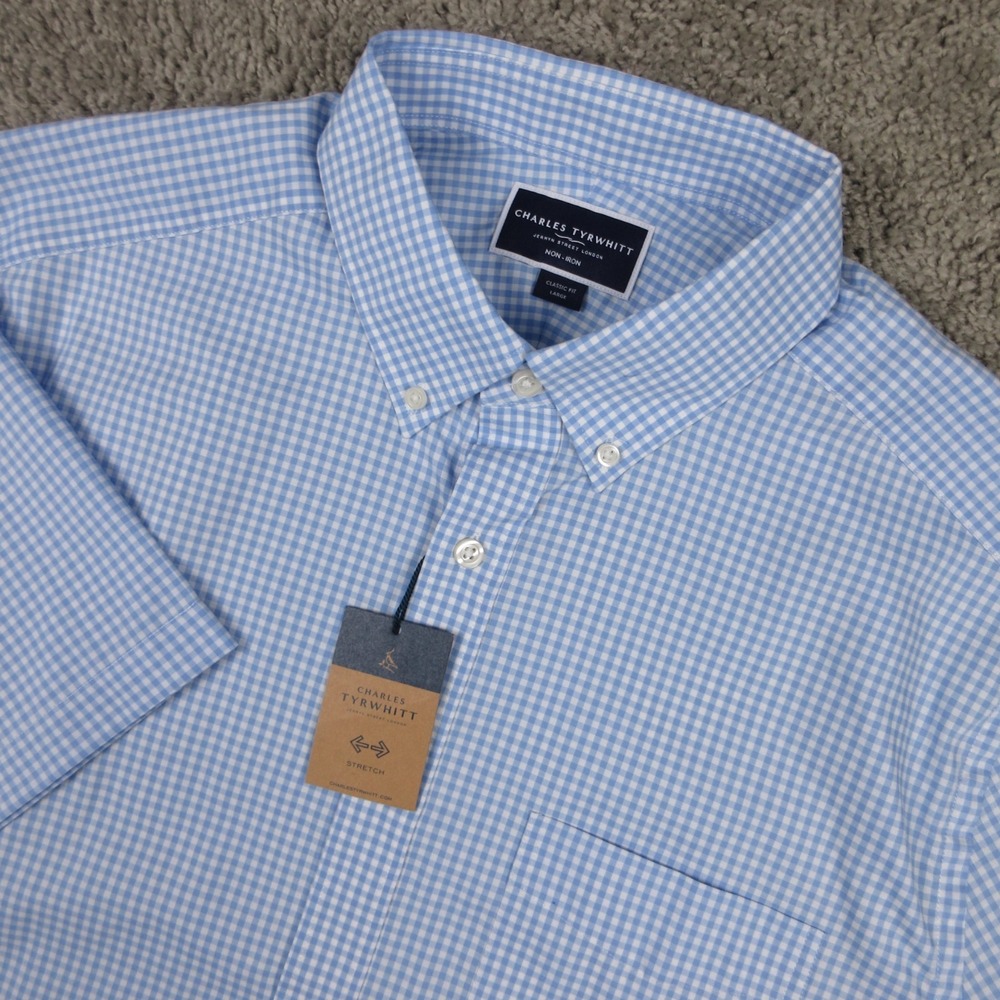 Charles Tyrwhitt Shirt Mens Large Blue Gingham Check Non Iron Oxford Button Up